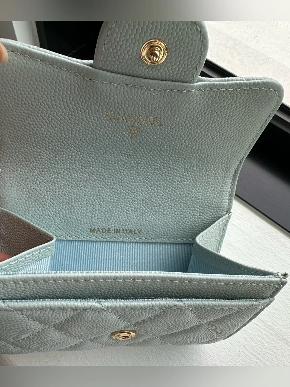 CHANEL Quilted Mini Wallet in Pale Blue with Gold Hardware